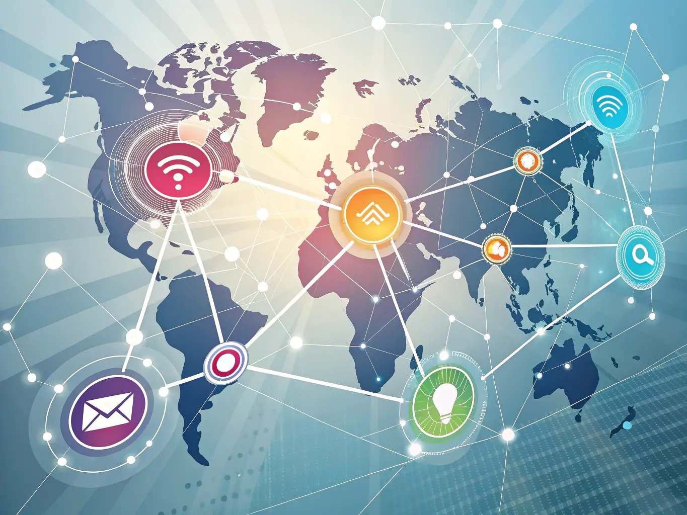 An animated graphic showing data packets being routed intelligently across a global network, highlighting the efficient processing capabilities of Tramscard.com.