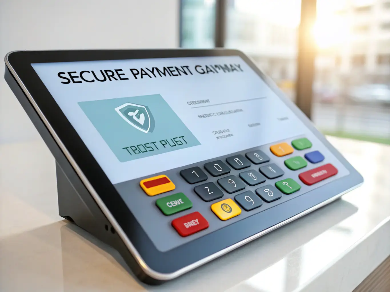 A digital illustration depicting a secure payment gateway with multiple layers of encryption and real-time monitoring, emphasizing the security features of Tramscard.com.