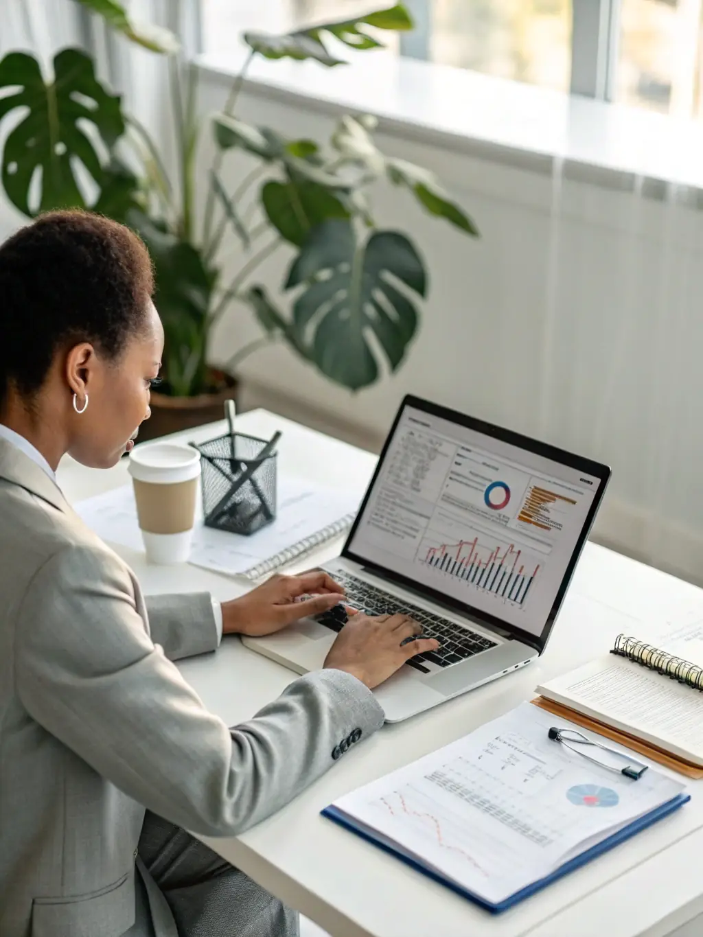 A professional financial director confidently reviewing transaction analytics on a Tramscard.com dashboard, highlighting the platform's ease of use and comprehensive data insights.