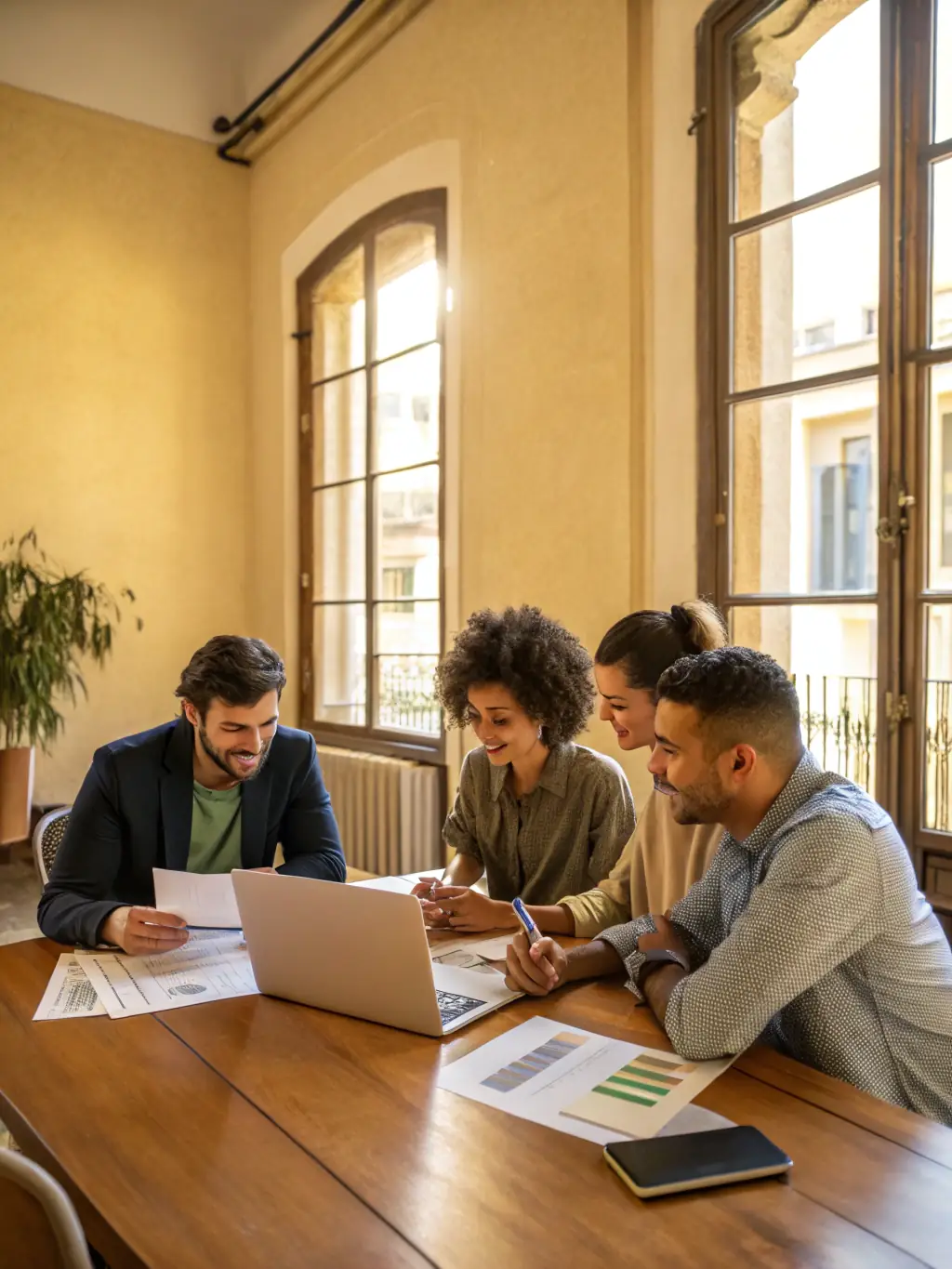 A professional photo of a diverse team collaborating on payment solutions in a modern office setting, emphasizing innovation and teamwork at Tramscard.com.